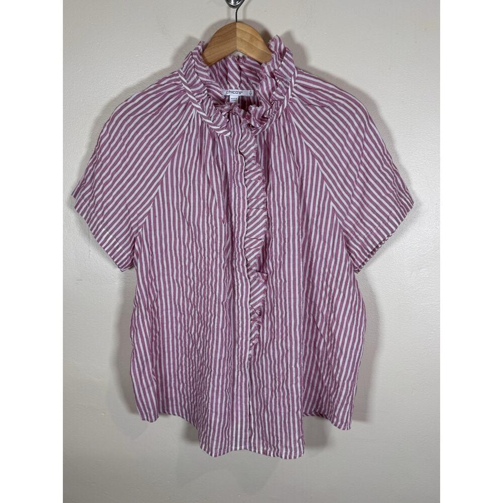 Chicos Womens Top Plus Size 3/16 Pink Striped Short Sleeve Ruffle Button Down